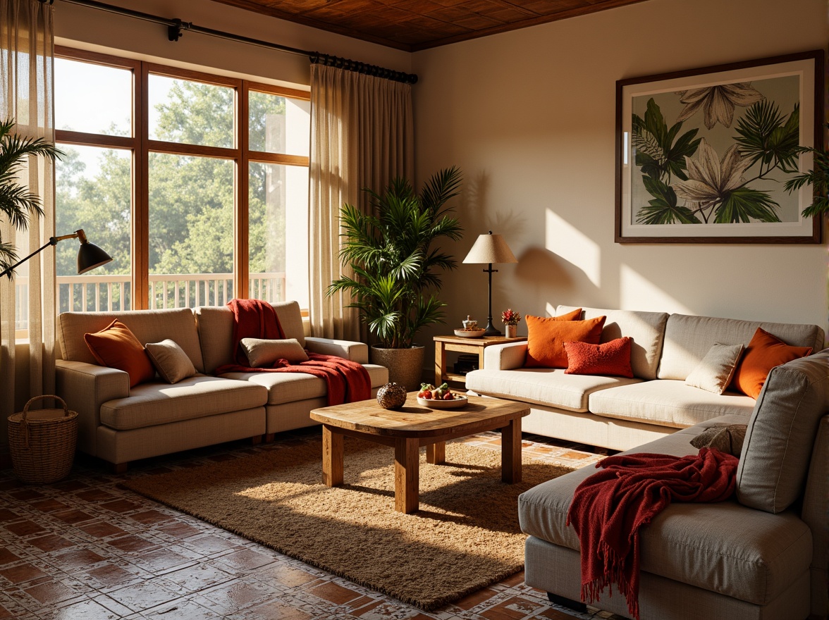 Prompt: Cozy living room, plush throw blankets, soft velvety sofas, vibrant colorful pillows, Moroccan-inspired tiles, warm beige walls, rustic wooden coffee tables, natural fiber rugs, woven baskets, ambient warm lighting, shallow depth of field, 1/2 composition, realistic textures, cozy reading nooks, floor-to-ceiling windows, sheer curtains, botanical prints, nature-inspired patterns.