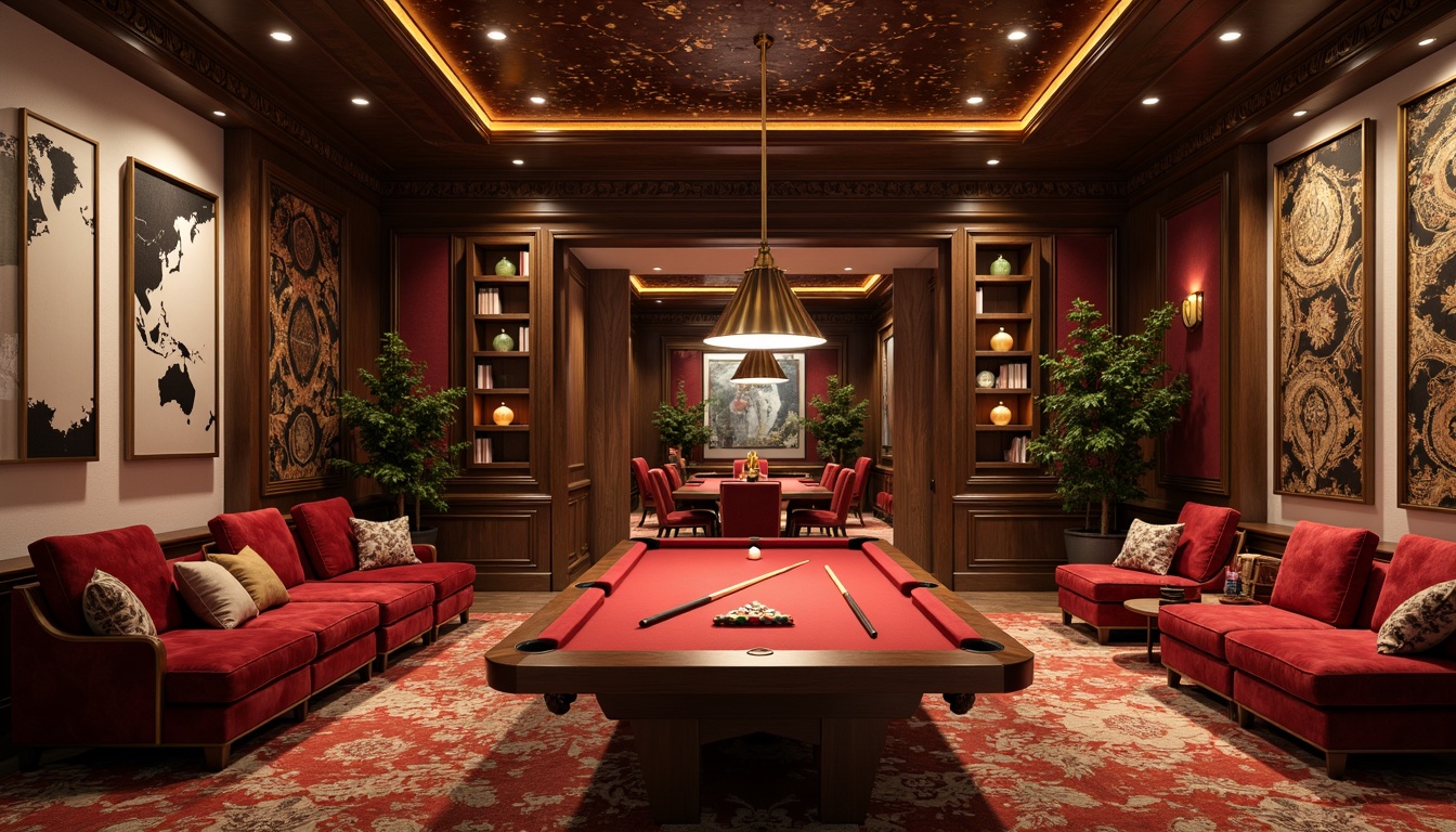 Prompt: Luxurious game room, rich wood paneling, ornate gold frames, velvety soft carpets, plush sectional sofas, modern minimalist shelves, sleek LED lighting, vibrant accent walls, abstract geometric patterns, metallic silver textures, atmospheric smoke effects, cinematic 3/4 composition, shallow depth of field, panoramic view.