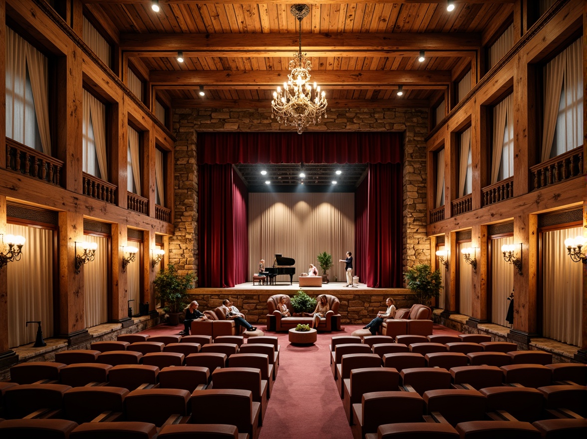 Prompt: Rustic wooden stages, distressed stone walls, velvet curtains, ornate chandeliers, intimate seating areas, warm golden lighting, rich wood tones, soft upholstery, acoustic soundboards, discreet speaker systems, natural reverb, warm ambiance, French Renaissance-inspired decor, elegant balconies, grand pianos, soft pastel colors, subtle patterns, ornate moldings, refined furnishings, sophisticated textures, shallow depth of field, 1/1 composition, soft focus, realistic renderings.