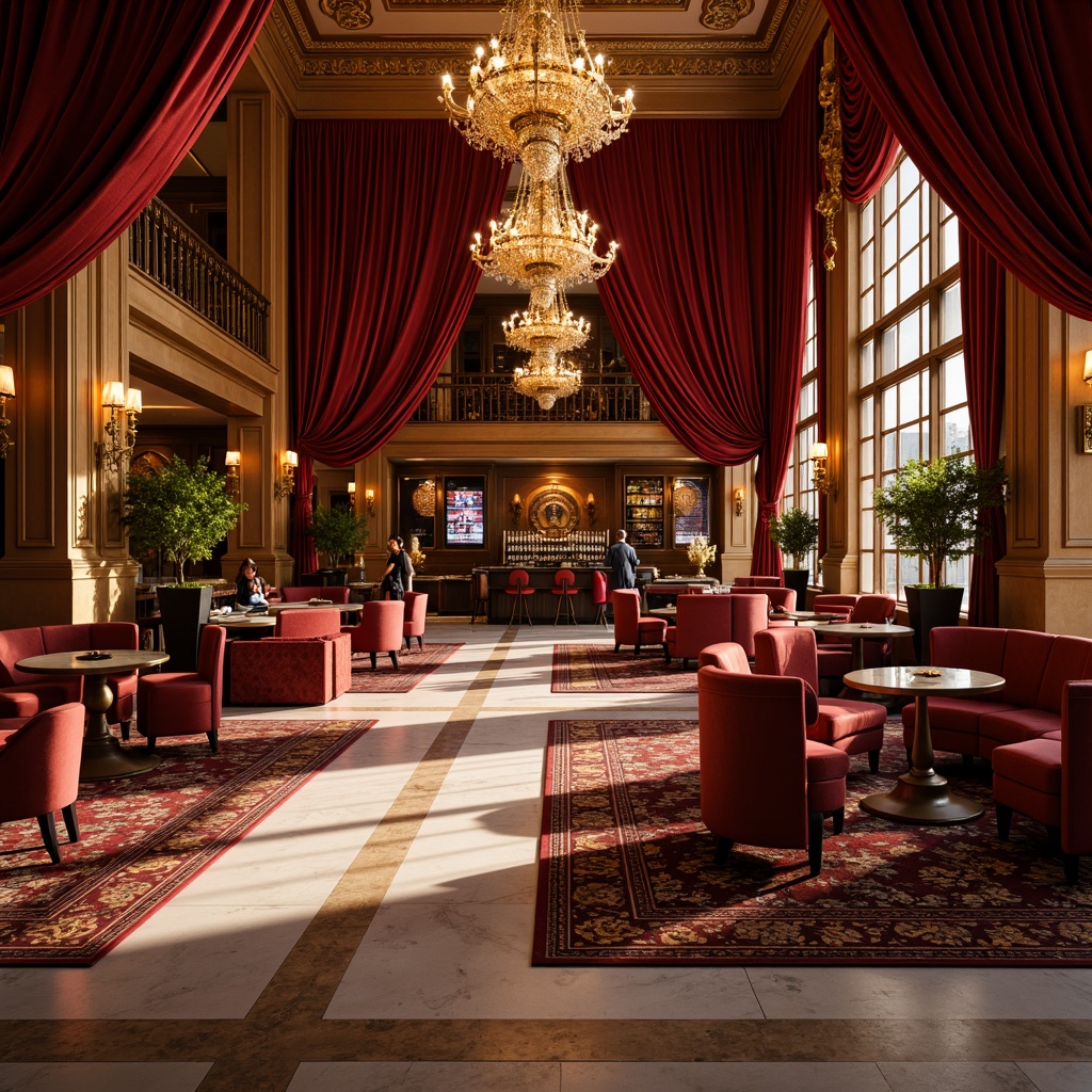 Prompt: Luxurious casino interior, rich velvet drapes, ornate golden chandeliers, polished marble floors, intricate patterned rugs, elegant wooden furniture, carved decorations, lavish upholstery, plush armchairs, crystal glass tables, vibrant red and gold accents, warm soft lighting, shallow depth of field, 2/3 composition, realistic textures, ambient occlusion.