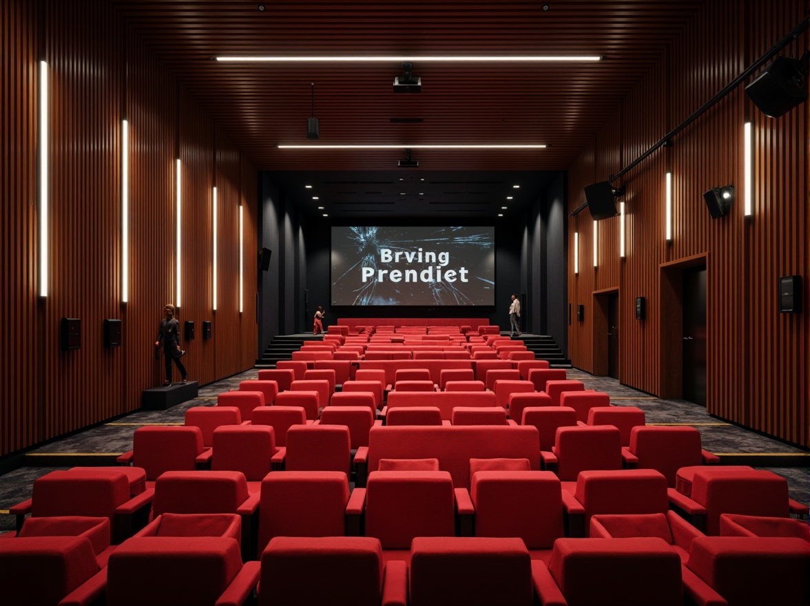 Prompt: Sleek modern auditorium interior, streamlined walls, polished chrome accents, luxurious velvet upholstery, rich wood paneling, sound-absorbing acoustic panels, minimalist lighting fixtures, curved lines, geometric patterns, bold color scheme, high-gloss finish, metallic sheen, premium fabric textures, sophisticated ambiance, dramatic spotlights, 1/1 composition, shallow depth of field, cinematic atmosphere.