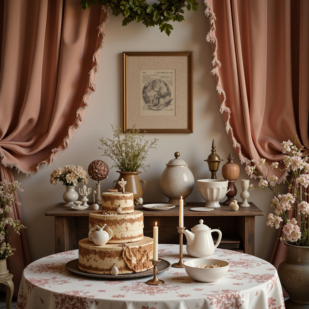 Prompt: Distressed velvet fabrics, soft peach tones, vintage lace trims, linen drapes, rustic wooden furniture, ornate metal accents, pastel-colored ceramics, floral patterns, aged paper textures, warm candlelight, shallow depth of field, 1/1 composition, romantic atmosphere, whimsical details, nostalgic ambiance.