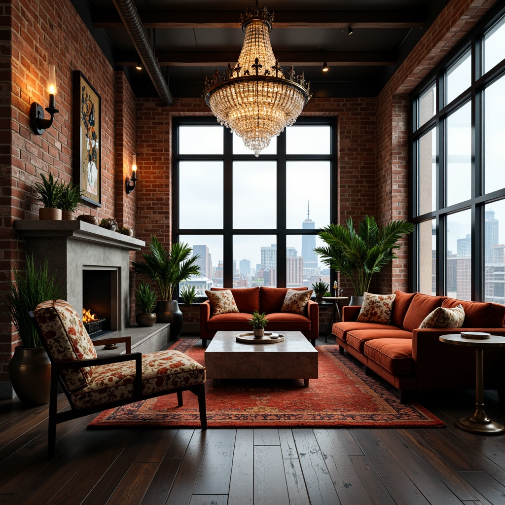 Prompt: Elegant penthouse interior, eclectic style decor, luxurious furniture, rich velvet fabrics, ornate metal accents, crystal chandeliers, pendant lamps, floor-to-ceiling windows, cityscape views, dramatic high ceilings, exposed brick walls, reclaimed wood floors, statement lighting fixtures, industrial-chic sconces, vintage-inspired pendants, Edison bulb lamps, bronze metal finishes, soft warm glow, ambient shadows, 1/1 composition, intimate atmosphere, realistic textures, subtle depth of field.