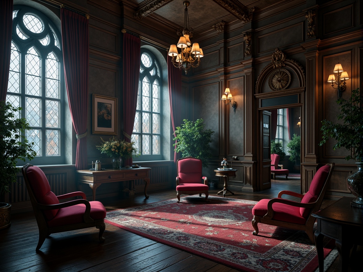 Prompt: Elegant Gothic mansion, mysterious dark woods, ornate wooden furniture, intricately carved armchairs, velvet upholstery, mystical stained glass windows, grand chandeliers, lavish drapery, mystical crypt-like atmosphere, dramatic lighting, foggy misty day, atmospheric perspective, 1/1 composition, cinematic view, detailed textures, ambient occlusion.