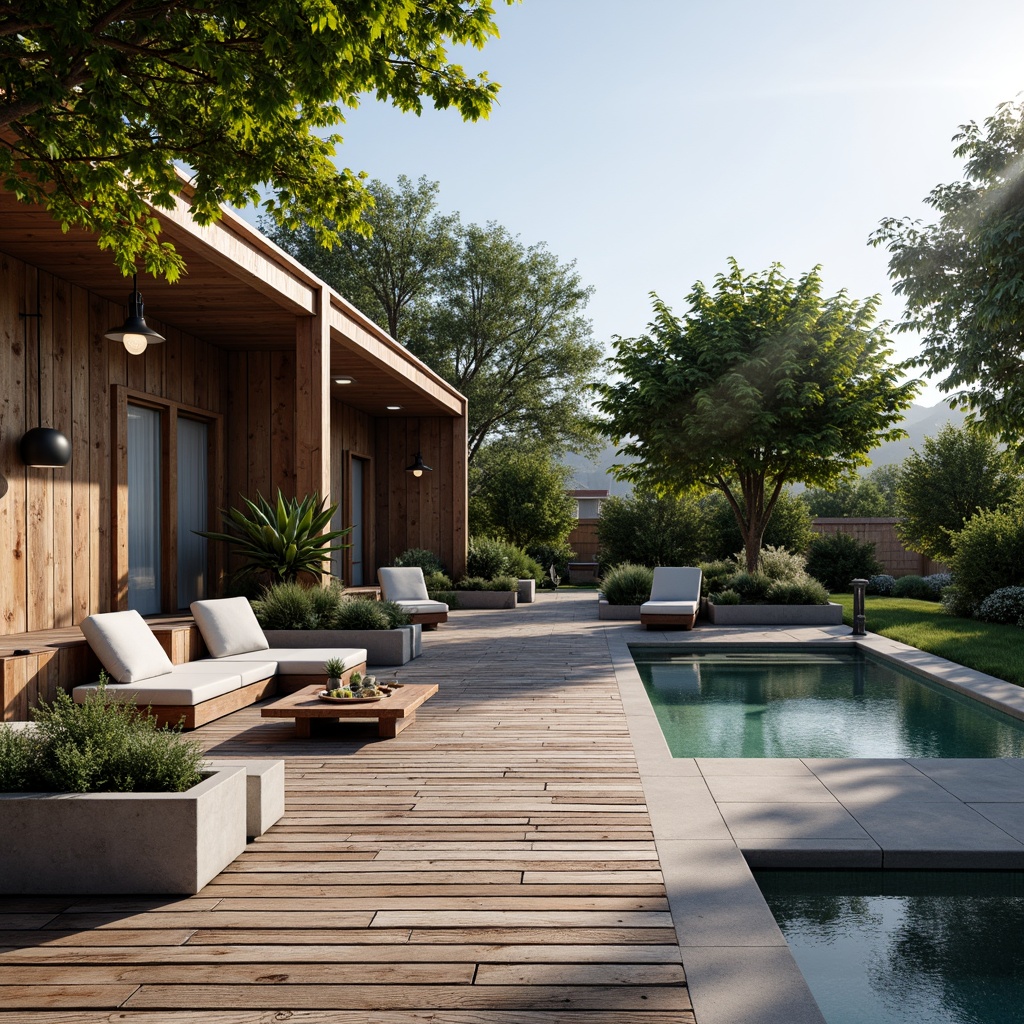 Prompt: Rustic pool deck, reclaimed wood planks, metal accents, distressed finishes, vintage industrial lighting, concrete planters, succulent arrangements, weathered steel furniture, minimalist seating, bold color schemes, urban oasis ambiance, afternoon sunlight, dramatic shadows, shallow depth of field, 1/1 composition, realistic textures, ambient occlusion.