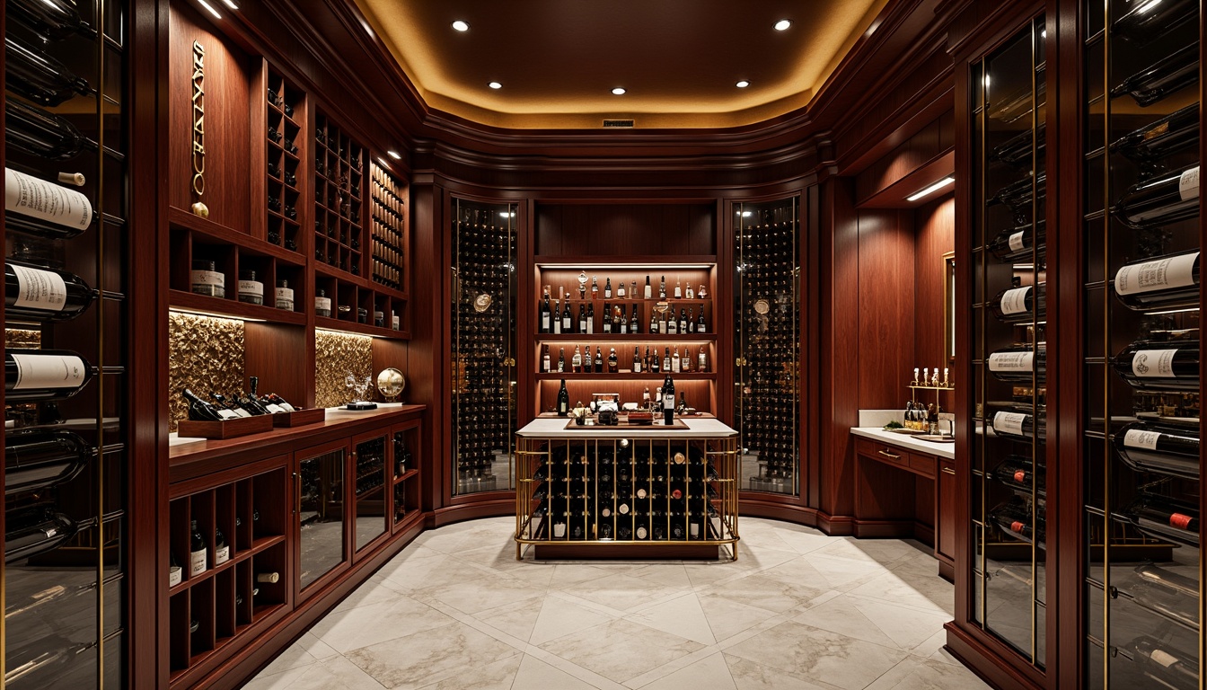 Prompt: Art Deco wine cellar, luxurious dark wood tone, ornate metalwork, geometric patterns, lavish lighting, curved lines, opulent ambiance, innovative wine racks, sleek chrome finish, minimalist labeling, premium glass storage, ambient temperature control, humidification system, rich burgundy walls, polished marble floors, sophisticated 3/4 composition, warm softbox lighting, shallow depth of field, realistic reflections.