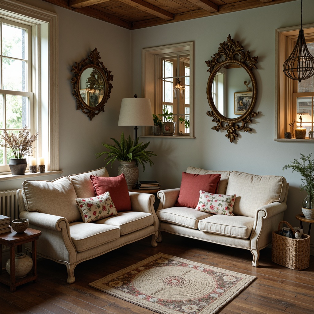 Prompt: Distressed wooden furniture, soft pastel colors, vintage ornaments, floral patterns, lace textures, ornate mirrors, rustic metal accents, worn leather upholstery, velvet pillows, antique decorative items, natural fiber rugs, warm candle lighting, cozy reading nooks, French country-inspired decor, distressed finishes, subtle sheen, 1/1 composition, intimate atmosphere, soft focus, realistic wood grain.