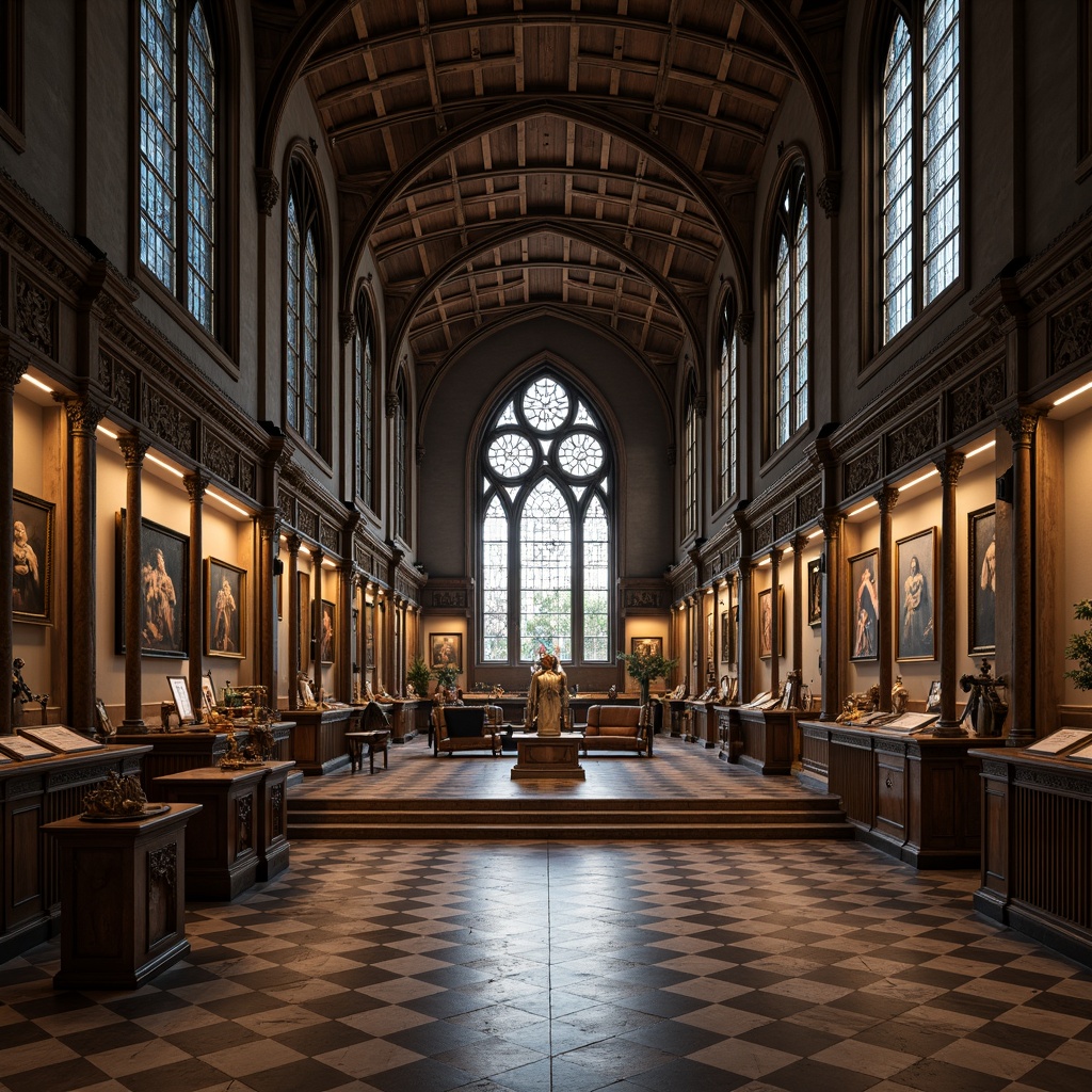 Prompt: Grand museum entrance, pointed arches, ribbed vaults, stained glass windows, ornate stone carvings, intricate Gothic details, grand halls, high ceilings, dramatic lighting, mystical atmosphere, ancient artifacts, mysterious relics, ornate ironwork, polished marble floors, rich tapestries, majestic columns, historic landmarks, subtle warm tones, soft natural light, shallow depth of field, 1/2 composition, symmetrical framing, realistic textures, ambient occlusion.