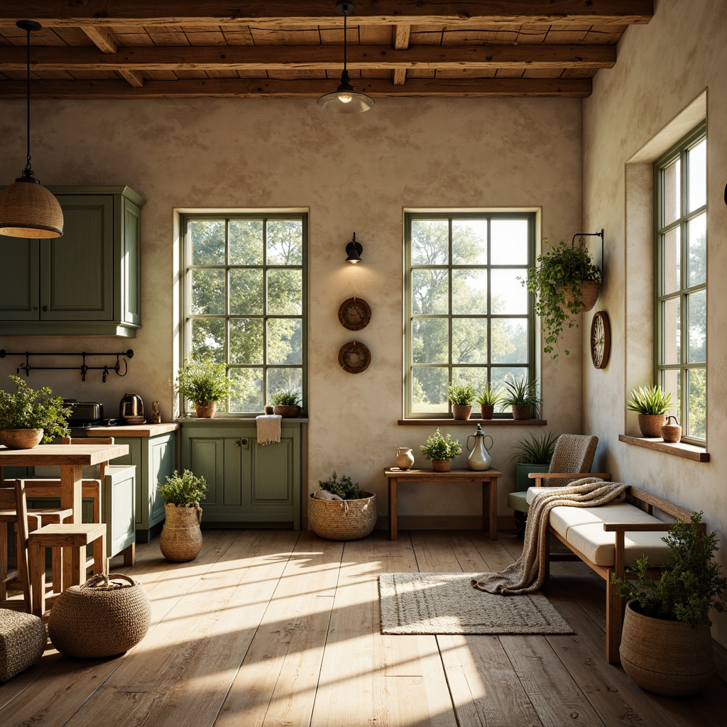 Prompt: Rustic farmhouse interior, earthy color palette, warm beige tones, soft sage greens, weathered wood accents, vintage metal fixtures, distressed finishes, natural textiles, woven baskets, potted greenery, sun-drenched windows, soft warm lighting, shallow depth of field, 1/1 composition, realistic textures, ambient occlusion.