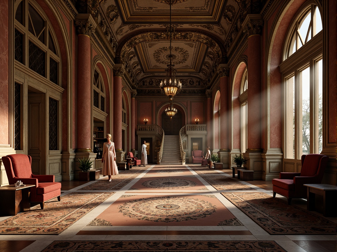 Prompt: Renaissance-style palace, ornate marble floors, intricate stone inlays, polished hardwood surfaces, luxurious carpets, richly patterned rugs, regal throne rooms, grand ballrooms, sweeping staircases, ornamental metalwork, gilded accents, warm candlelight, soft chiaroscuro, 1/2 composition, atmospheric perspective, realistic reflections, ambient occlusion.