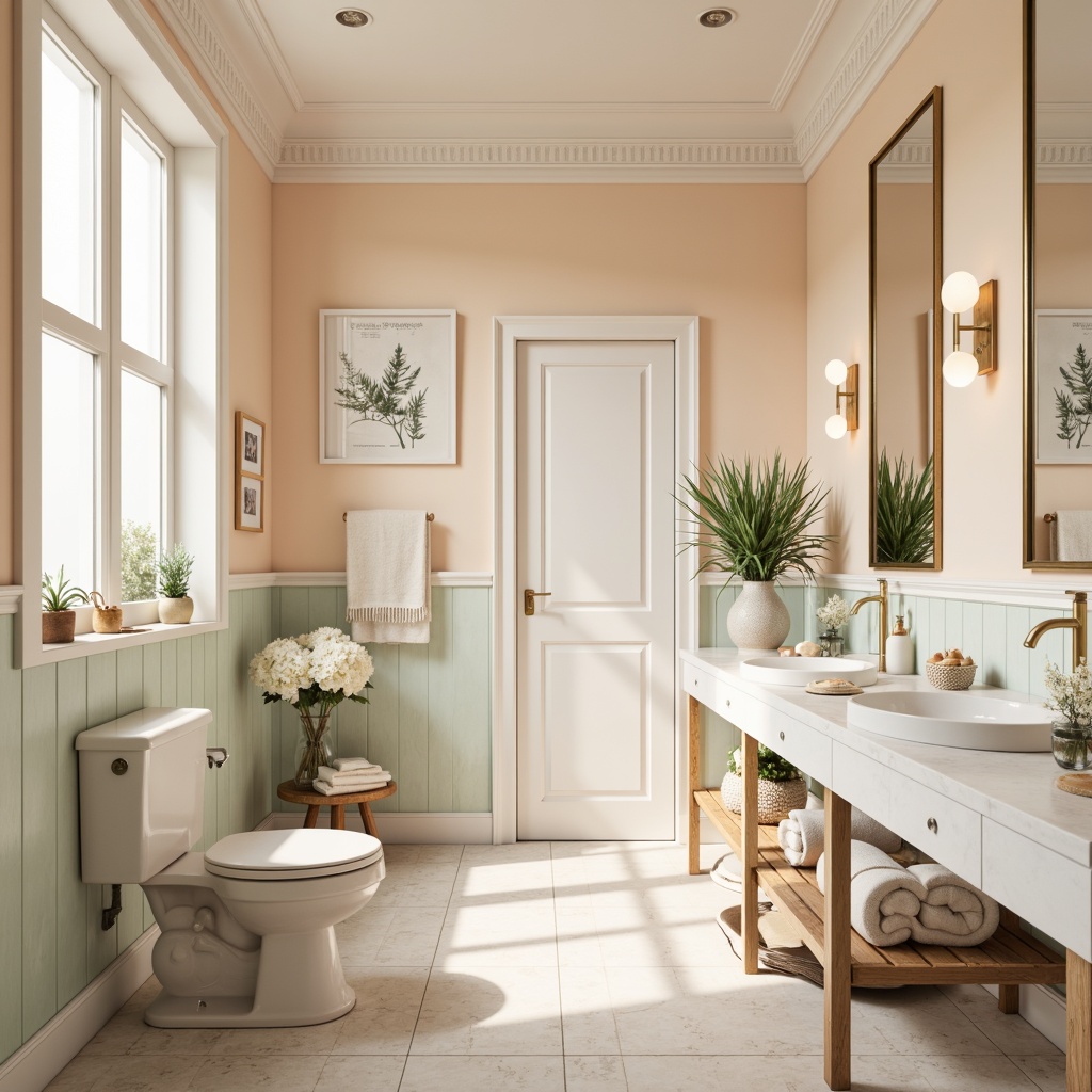 Prompt: Soft powder room ambiance, calming pastel hues, gentle peach tones, soothing mint greens, creamy whites, warm beige accents, subtle gold hardware, delicate floral patterns, elegant marble countertops, refined porcelain fixtures, natural light filtering, airy spaciousness, shallow depth of field, 1/1 composition, realistic textures, ambient occlusion.