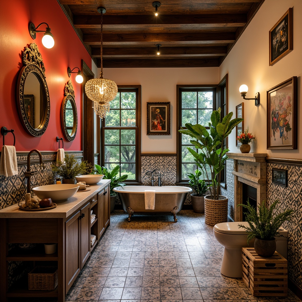 Prompt: Vibrant eclectic bathroom, bold color palette, contrasting textures, mixed metallic accents, ornate mirrors, distressed wood cabinets, patterned ceramic tiles, industrial-chic lighting fixtures, freestanding tubs, minimalist vanities, decorative storage crates, lush greenery, tropical plants, natural stone flooring, Moroccan-inspired mosaics, statement wallpaper, eclectic artwork, warm ambient lighting, soft focus, 1/1 composition, realistic reflections.