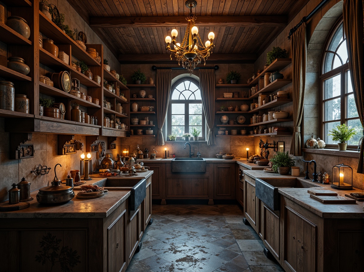 Prompt: Rustic pantry, distressed wood shelves, ornate metal brackets, vintage apothecary jars, worn stone countertops, medieval-inspired cabinetry, dark rich woods, mysterious ambient lighting, subtle fog effects, dramatic shadows, warm candlelight, ancient artifacts, mystical symbols, intricate carvings, Gothic arches, mysterious alcoves, grandiose chandeliers, luxurious velvet drapes, mysterious old books, antique kitchenware, mysterious potions.