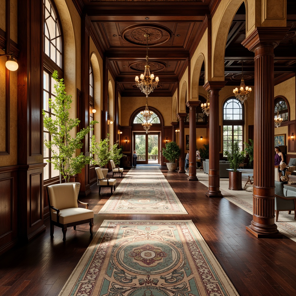 Prompt: Renaissance-style campus interiors, dark hardwood flooring, rich walnut tones, ornate inlays, luxurious carpets, intricate patterns, soft pastel colors, vintage-inspired rugs, distressed wooden planks, reclaimed wood accents, grand chandeliers, high ceilings, ornate moldings, classical columns, sophisticated ambiance, warm golden lighting, shallow depth of field, 1/1 composition, realistic textures, ambient occlusion.