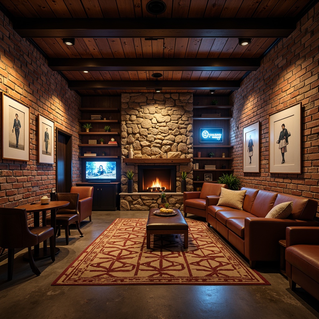 Prompt: Rustic game room, wooden accents, vintage posters, distressed brick walls, reclaimed wood panels, industrial metal beams, earthy color palette, cozy ambient lighting, comfortable seating areas, plush carpets, natural stone fireplaces, geometric patterned rugs, modern gaming consoles, neon signage, urban loft-inspired decor, textured concrete floors, abstract artwork, moody atmosphere, cinematic lighting, shallow depth of field, 1/1 composition.Please let me know if this meets your expectations!