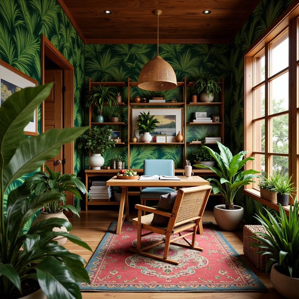 Prompt: Vibrant tropical home office, lush greenery, exotic plants, rattan furniture, woven bamboo accents, natural wood desk, colorful textiles, palm tree-inspired wallpaper, warm ambient lighting, soft focus, shallow depth of field, 1/2 composition, realistic plant textures, ambient occlusion, wooden shutters, cozy reading nook, woven basket storage, earthy tone ceramics.