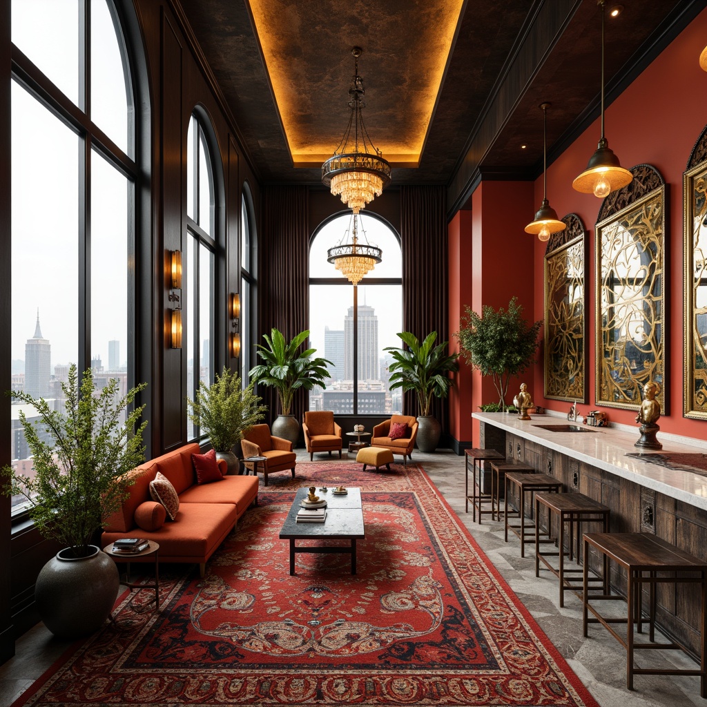 Prompt: Luxurious penthouse, eclectic style, bold color schemes, patterned rugs, ornate mirrors, antique furnishings, velvet drapes, metallic accents, statement lighting fixtures, exotic plants, abstract artwork, oversized sculptures, marble countertops, reclaimed wood floors, grand chandeliers, lavish textiles, Moroccan-inspired tiles, vibrant wall colors, dramatic ceiling heights, sweeping city views, warm golden lighting, shallow depth of field, 1/1 composition, high-angle shot.