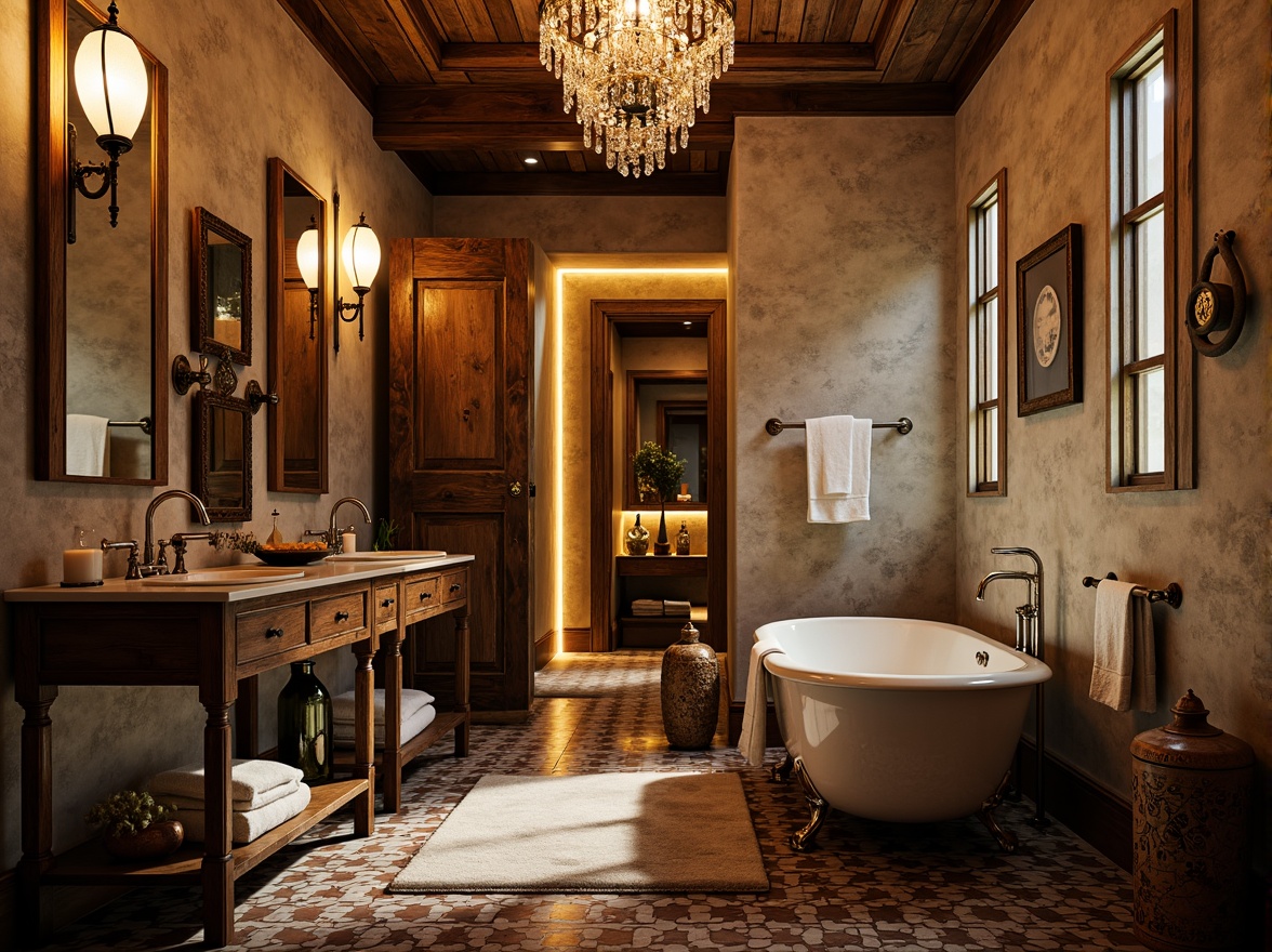 Prompt: Eclectic bathroom, vintage fixtures, distressed wood cabinets, ornate mirrors, metallic accents, warm ambient lighting, softbox diffusers, LED strip lights, color-changing mood lighting, layered lighting effects, dramatic shadowing, golden hour glow, crystal chandelier, pendant lamps, sconce lighting, textured walls, geometric tile patterns, Moroccan-inspired mosaics, natural stone countertops, antique furniture pieces, plush area rugs.