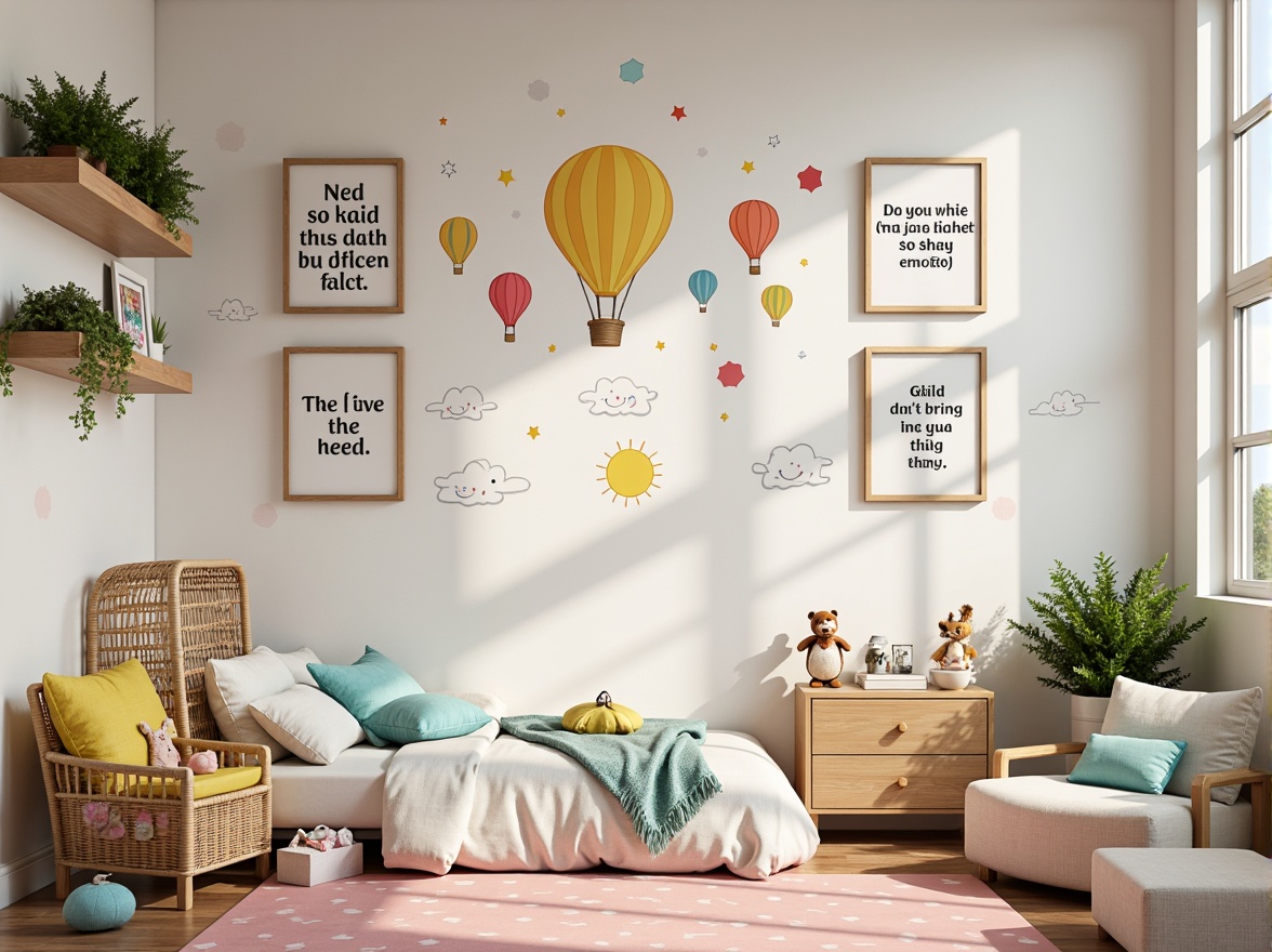 Prompt: Whimsical kid's bedroom, playful cartoon characters, bright pastel colors, fun polka dots, soft fabric textures, wooden wall frames, colorful stickers, inspiring quotes, magical fairy lights, dreamy clouds, gentle sunbeams, shallow depth of field, 1/1 composition, warm white lighting, childlike illustrations, adventurous hot air balloons, friendly smiling animals, educational ABCs, decorative wall shelves, artificial greenery.