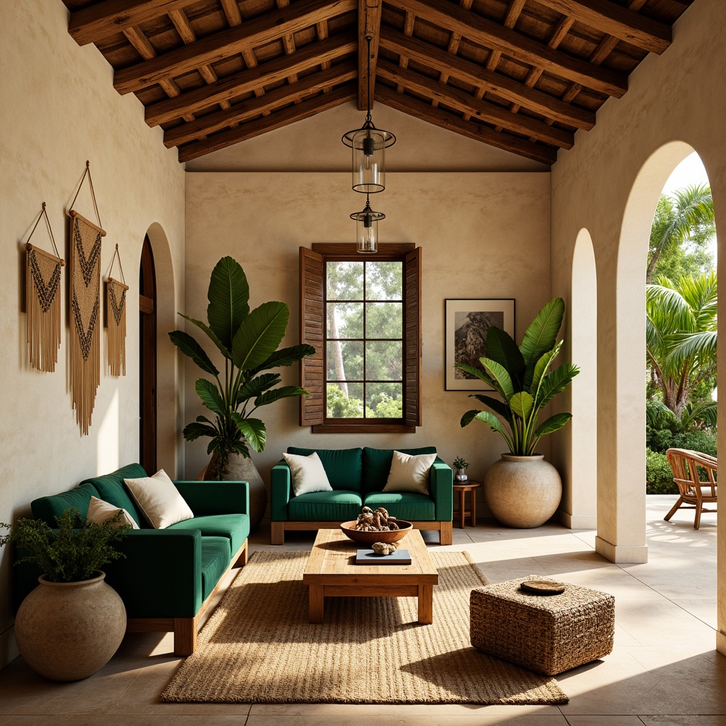 Prompt: Tropical island villa, reclaimed wood accents, woven rattan furniture, plush green velvet sofas, natural fiber rugs, macrame wall hangings, hand-painted ceramic tiles, distressed wooden shutters, coral-inspired decorative accessories, lush greenery, exotic botanicals, warm beige stucco walls, soft golden lighting, shallow depth of field, 1/2 composition, realistic textures, ambient occlusion.