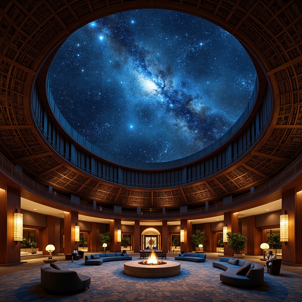 Prompt: Oriental-inspired planetarium dome, starry night sky projection, dark blue ceiling with golden accents, intricate wood carvings, traditional Asian lanterns, curved lines, minimalist decor, soft warm lighting, shallow depth of field, 1/1 composition, realistic textures, ambient occlusion, celestial body models, astronomy-inspired patterns, subtle glow effects, cozy seating areas, plush carpets, cultural heritage elements.