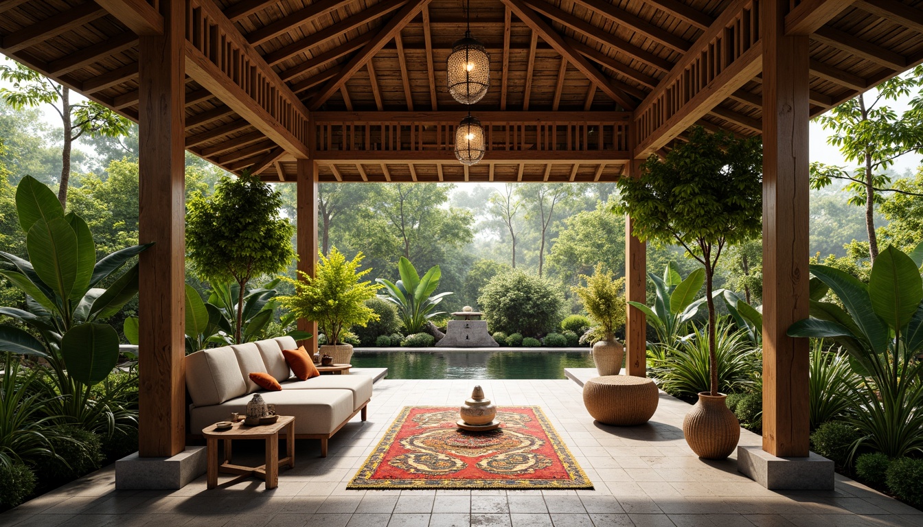 Prompt: Exquisite pavilion interior, lush greenery, tropical plants, bamboo accents, natural stone flooring, wooden lanterns, delicate ceramic vases, serene water features, Asian-inspired patterns, vibrant colorful textiles, intricate geometric motifs, soft warm lighting, shallow depth of field, 3/4 composition, realistic textures, ambient occlusion.