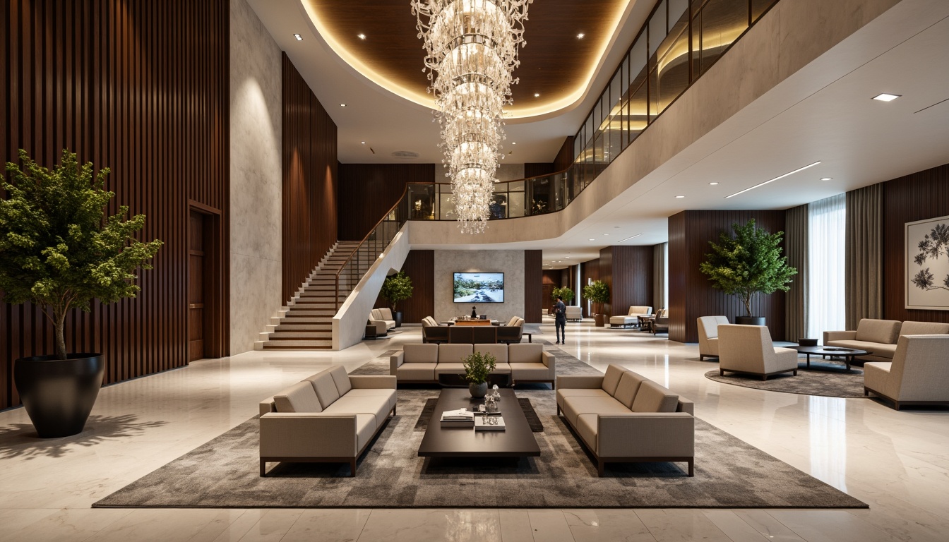 Prompt: Luxurious hotel lobby, polished marble floors, sleek dark wood accents, modern minimalist chandeliers, elegant curved staircases, sophisticated neutral color palette, plush area rugs, comfortable seating areas, warm ambient lighting, shallow depth of field, 1/1 composition, realistic reflections, high-gloss finishes.