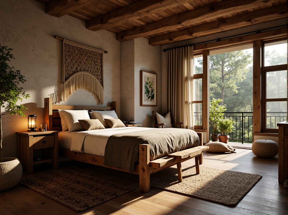 Prompt: Cozy rustic bedroom, wooden furniture, natural textures, earthy tones, vintage decor, distressed wood accents, stone walls, exposed beams, plush area rugs, soft warm lighting, lantern-style lamps, nature-inspired artwork, botanical prints, woven baskets, macrame wall hangings, comfortable bedding, linen fabrics, earthy scents, forest views, morning sunlight, shallow depth of field, 1/2 composition, realistic textures, ambient occlusion.