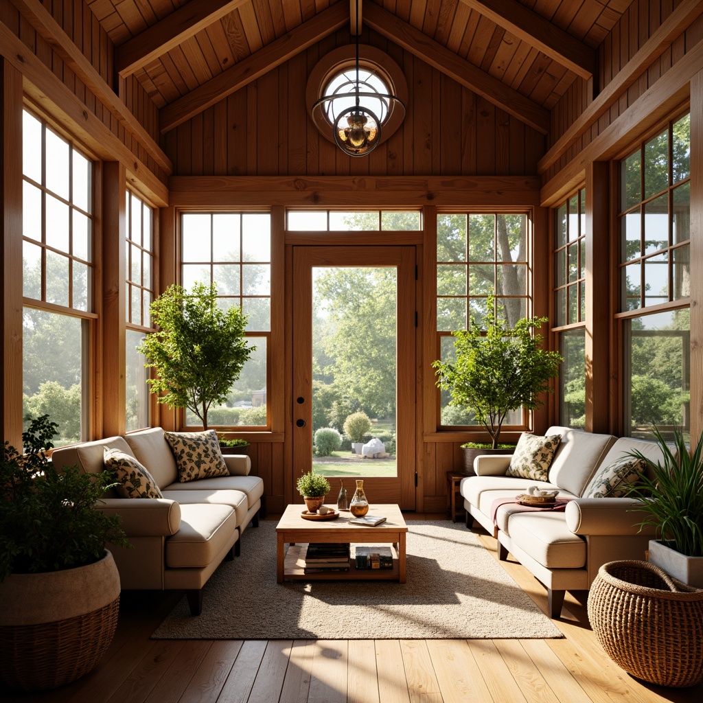 Prompt: Warm wood accents, natural textures, earthy tones, craftsman style, sunroom decor, wooden beams, exposed rafters, rustic chandeliers, cozy nooks, plush furnishings, botanical patterns, woven baskets, vintage decorative items, warm golden lighting, soft afternoon sunbeams, 1/2 composition, intimate atmosphere, realistic wood grains, ambient occlusion.