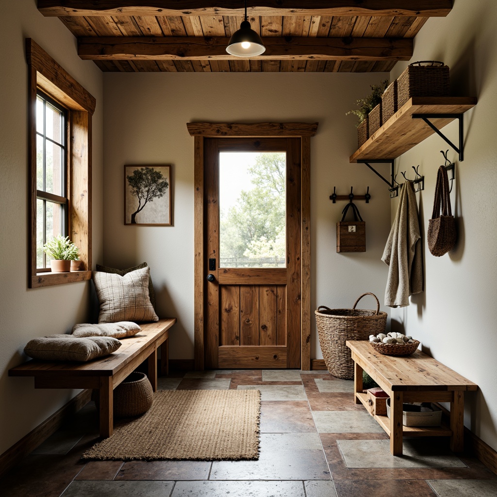 Prompt: Rustic mudroom, natural stone flooring, earthy tones, wooden accents, woven baskets, vintage decor, distressed wood benches, industrial metal hooks, functional shelving, natural fiber rugs, warm ambient lighting, shallow depth of field, 1/1 composition, realistic textures, ambient occlusion.