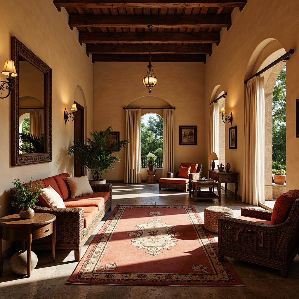 Prompt: Warm Mediterranean interior, rustic wooden furniture, distressed finishes, ornate carvings, plush velvet upholstery, richly patterned rugs, natural stone floors, earthy color palette, woven wicker accents, decorative ceramic tiles, arched windows, soft warm lighting, cozy reading nooks, lavish drapery, elegant metallic fixtures, refined glassware, vintage accessories, rustic wooden beams, sun-kissed terracotta pots, lush greenery, airy open spaces.