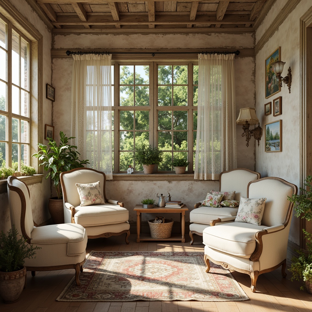 Prompt: Distressed vintage furniture, soft pastel hues, creamy whites, warm beiges, weathered wood textures, ornate metal details, lace curtains, floral patterns, gentle feminine accents, rustic distressed finishes, aged brick walls, whimsical garden scenery, afternoon sunlight, subtle shadows, 1/2 composition, intimate focus, delicate textures, romantic ambiance.