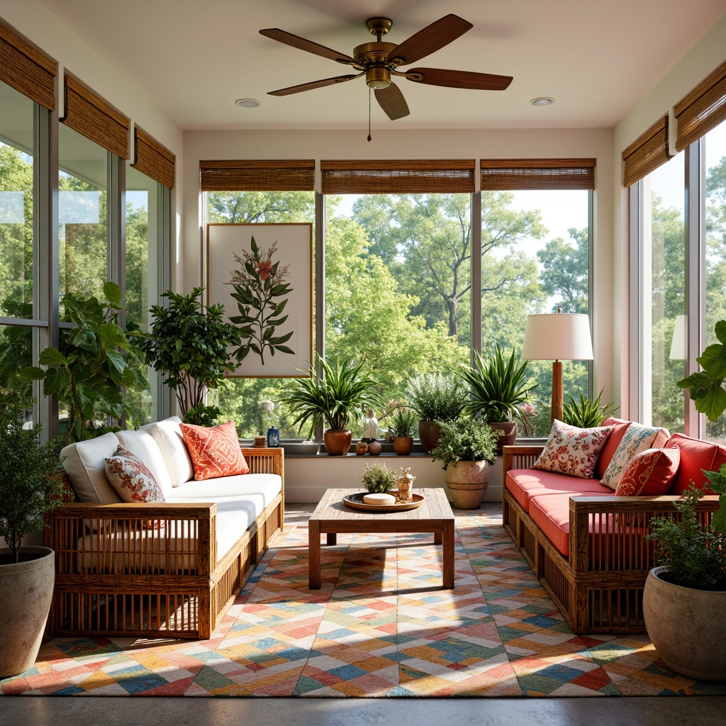 Prompt: Vibrant eclectic sunroom, rattan wicker furniture, plush velvet sofas, Moroccan-inspired tiles, lush greenery, vintage botanical prints, reclaimed wood coffee tables, macram\u00e9 plant holders, colorful Kilim pillows, natural fiber rugs, woven bamboo shades, floor-to-ceiling windows, abundant natural light, warm sunny atmosphere, cozy reading nooks, eclectic decorative accents, global-inspired accessories, distressed wood finishes, soft pastel hues, organic shapes, 3/4 composition, relaxed casual styling, inviting intimate ambiance.