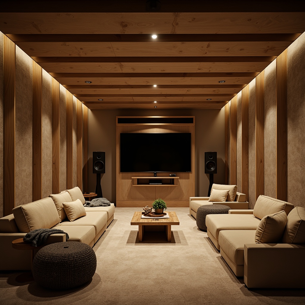 Prompt: Cozy home theater, wooden acoustic panels, sound-absorbing materials, fabric-wrapped surfaces, sleek modern design, rectangular shapes, wall-mounted installation, high-quality audio equipment, surround sound speakers, comfortable seating, dimmable lighting, warm beige colors, soft carpet flooring, intimate atmosphere, cinematic experience, immersive audio, precise sound reproduction, reduced echo and reverberation, clear vocal clarity, detailed instrumental textures, panoramic listening space.