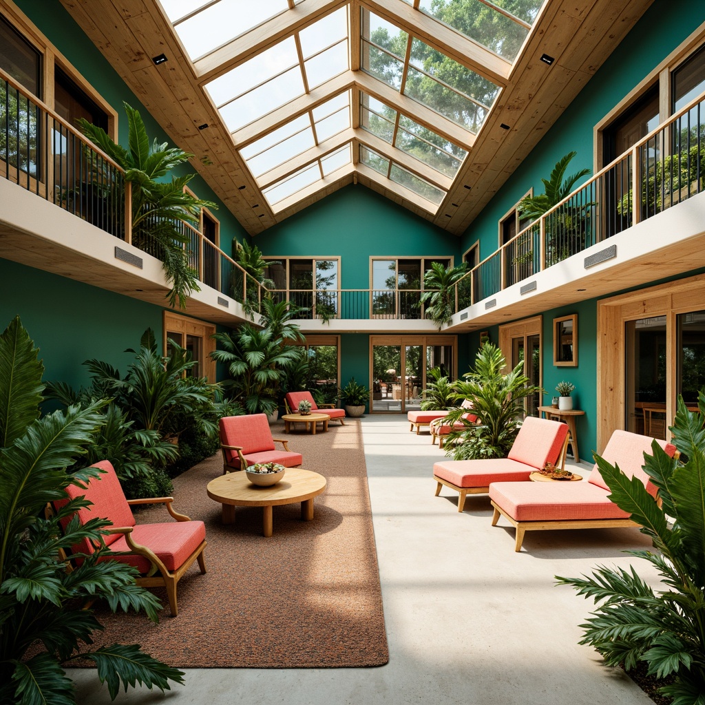 Prompt: Tropical office setting, lush green walls, natural wood accents, high ceilings, clerestory windows, skylights, transparent glass doors, minimalist decor, bamboo furniture, woven textiles, rattan details, earthy color palette, warm beige tones, bright coral hues, vibrant turquoise accents, leafy plants, living walls, natural stone floors, polished concrete surfaces, soft diffused lighting, 1/1 composition, shallow depth of field, realistic textures, ambient occlusion.