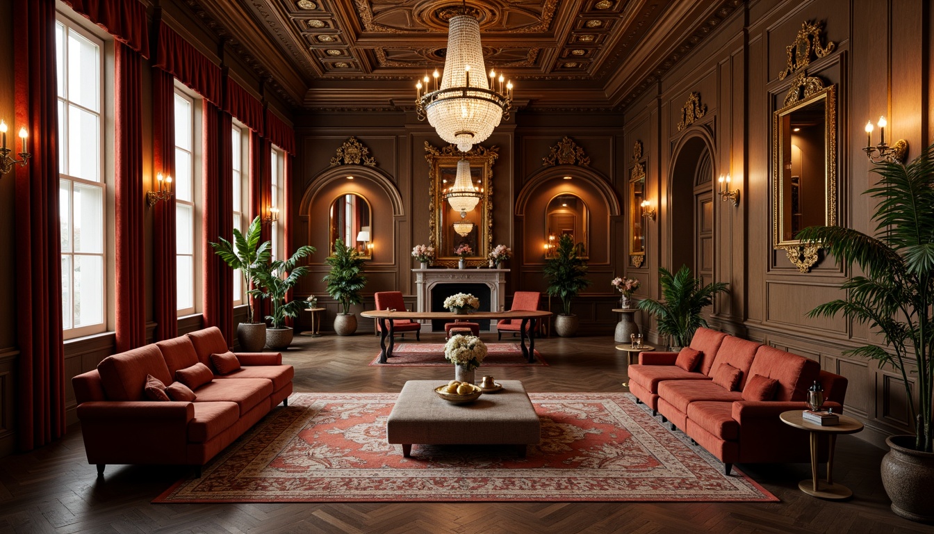 Prompt: Ornate Baroque-style interior, luxurious velvet drapes, intricately carved wooden panels, golden accents, crystal chandeliers, ornamental mirrors, richly textured upholstery, acoustic treatment elements, sound-absorbing materials, geometric patterned rugs, warm candlelight, soft focus lighting, 1/2 composition, intimate atmosphere, realistic wood textures, subtle ambient occlusion.