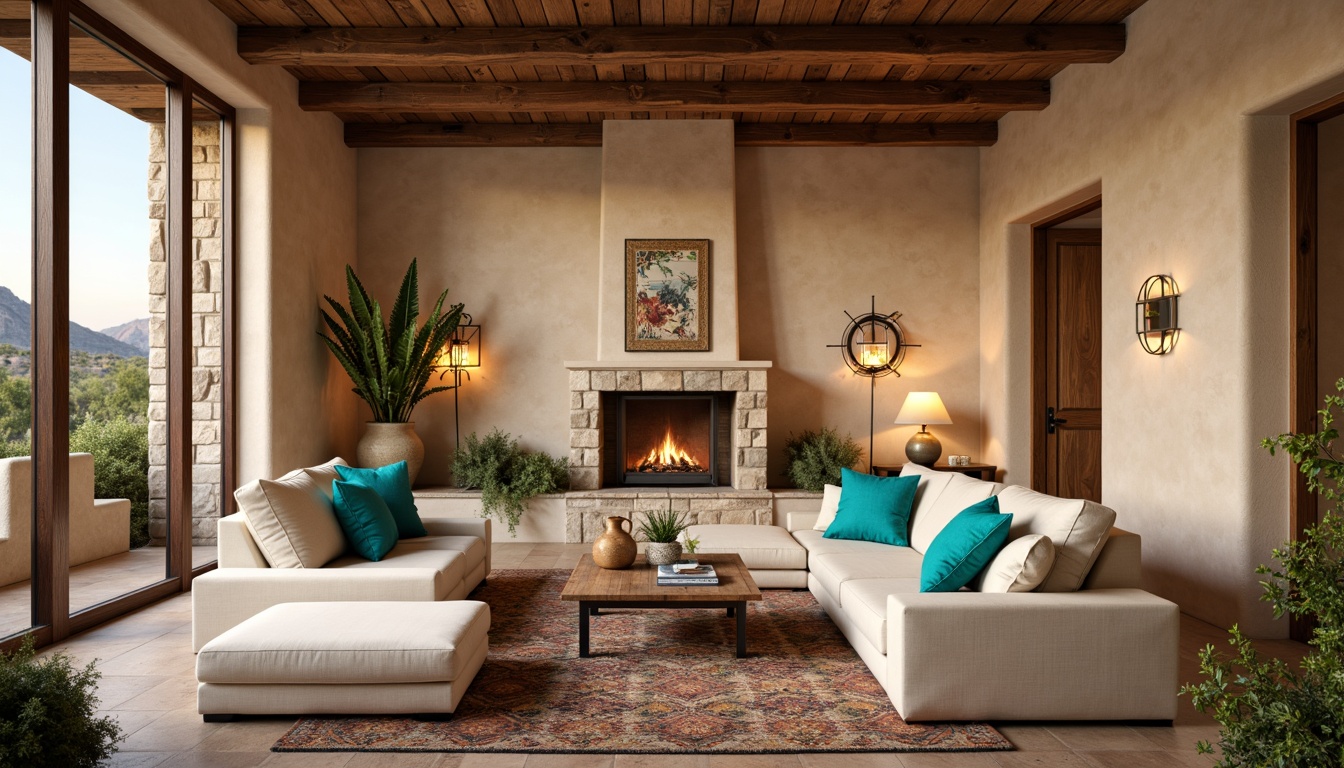 Prompt: Southwestern living room, warm beige walls, rustic wooden accents, plush sectional sofa, vibrant turquoise pillows, geometric patterned rug, natural stone fireplace, wooden ceiling beams, large windows, soft diffused light, desert landscape views, cacti plants, warm earthy tones, Spanish-inspired architecture, ornate metalwork, woven textiles, abstract artwork, cozy reading nook, comfortable ottoman, ambient lighting, shallow depth of field, 3/4 composition, realistic textures.