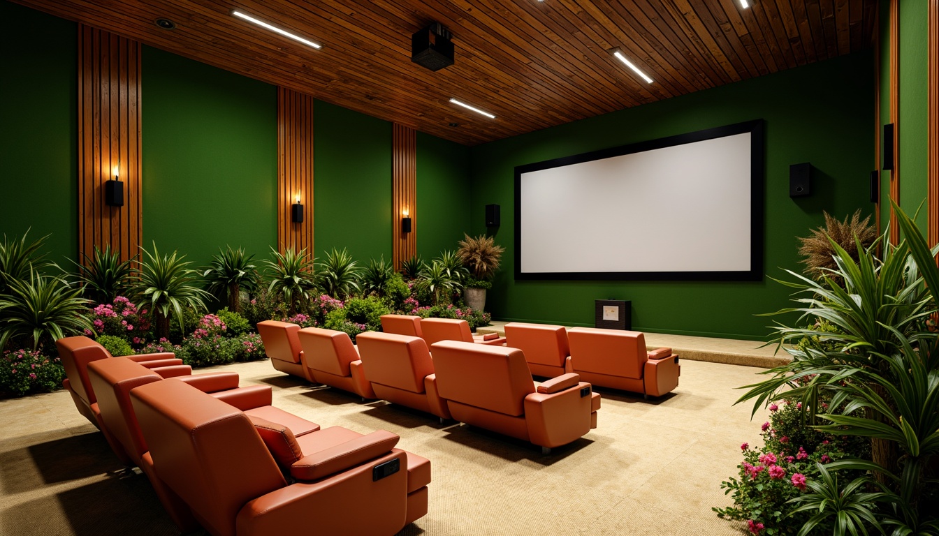 Prompt: Tropical cinema interior, lush green walls, exotic wooden accents, comfortable reclining seats, soft cushioning, adjustable armrests, ample legroom, cooling ventilation systems, ambient lighting, warm beige flooring, natural fiber carpets, vibrant colorful upholstery, ergonomic chair design, acoustic soundproofing, surround sound speakers, large cinematic screen, high-contrast ratio projection, soft diffused lighting, shallow depth of field, 1/2 composition, realistic textures, ambient occlusion.