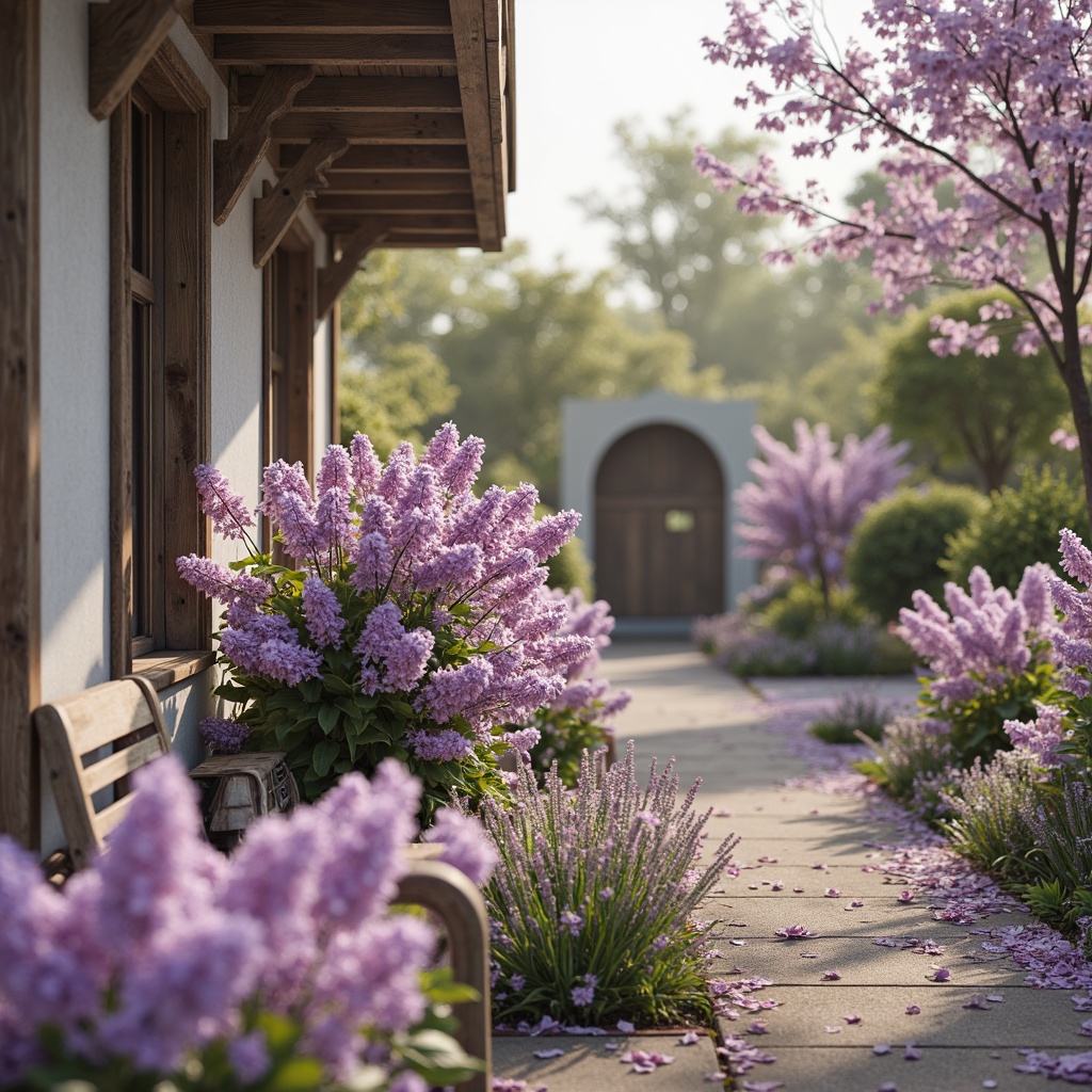 Prompt: Soft lilac hues, pastel shades, gentle blooms, whimsical gardens, vintage florals, distressed wood textures, rustic metal accents, soft warm lighting, shallow depth of field, 1/1 composition, intimate close-ups, dreamy atmosphere, subtle gradations, watercolor-inspired blends, delicate patterns, romantic ambiance.