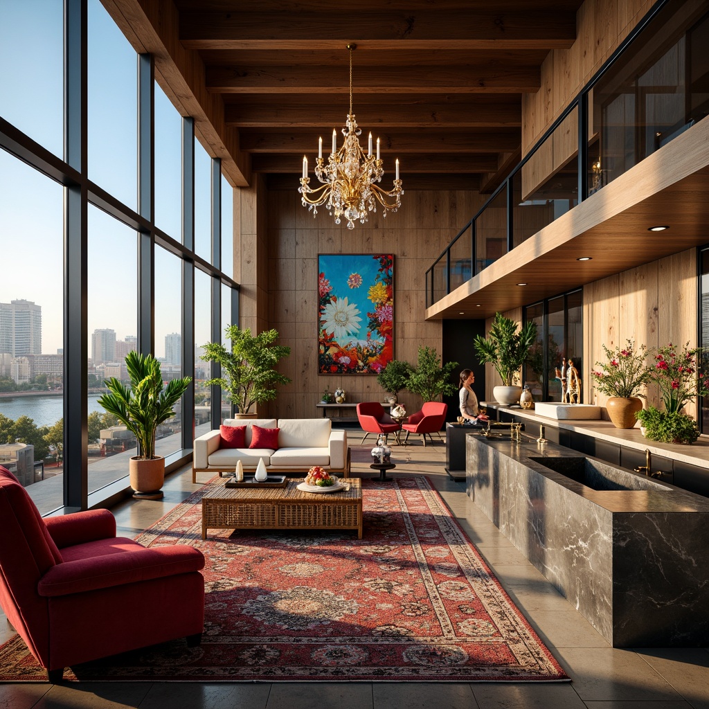 Prompt: Luxurious penthouse, eclectic style decor, rich velvet fabrics, ornate gold accents, vintage furniture pieces, bold colorful artwork, statement lighting fixtures, plush area rugs, Moroccan-inspired tiles, reclaimed wood floors, floor-to-ceiling windows, panoramic city views, modern minimalist kitchen, high-gloss cabinetry, exotic marble countertops, dramatic chandelier, lavish master bedroom, opulent en-suite bathroom, freestanding tub, rainfall showerhead, vibrant floral arrangements, lush greenery, abstract sculptures, eclectic decorative accessories, warm atmospheric lighting, shallow depth of field, 1/1 composition, realistic textures.