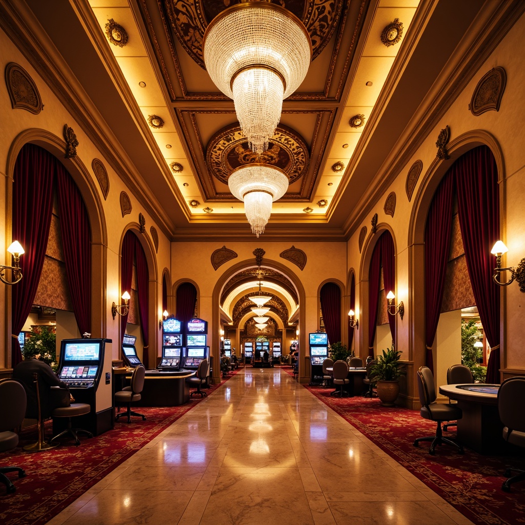 Prompt: Luxurious casino interior, rich velvet drapes, ornate gold chandeliers, crystal pendant lights, warm ambient glow, softbox lighting, subtle color temperature changes, dramatic high-contrast shadows, ornamental metalwork, intricate moldings, lavish furnishings, plush carpets, vibrant red accents, dynamic ceiling coves, regal architectural details, warm beige walls, polished marble floors, elegant archways, sophisticated ambiance, cinematic atmosphere, 1/1 composition, high-dynamic-range lighting, detailed textures.