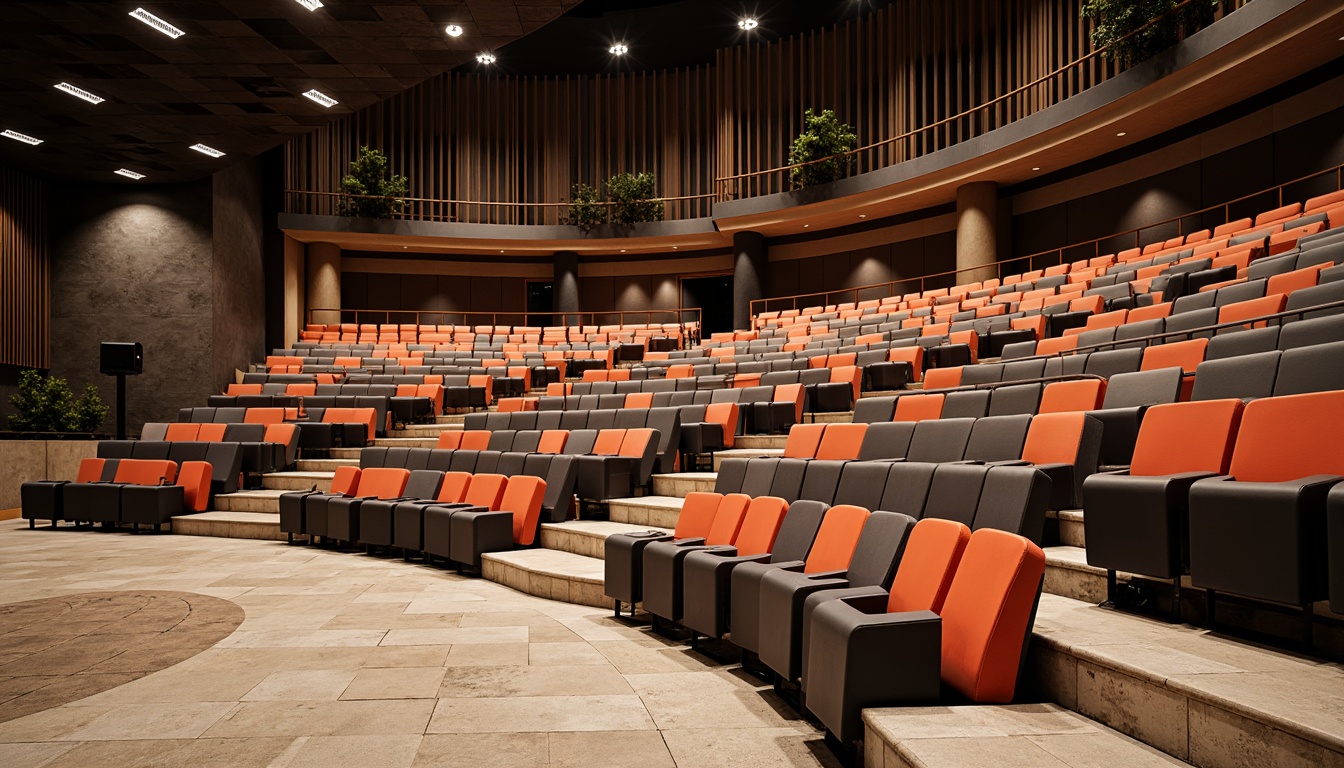 Prompt: Tiered seating, curved rows, comfortable chairs, ample legroom, vibrant color schemes, natural stone steps, modern amphitheater design, angular lines, sleek metal railings, minimalist aesthetic, functional lighting, warm ambient glow, shallow depth of field, 3/4 composition, panoramic view, realistic textures, ambient occlusion.