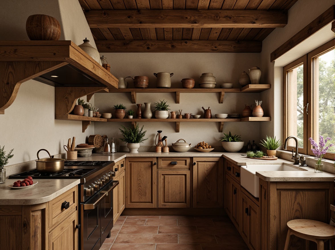 Prompt: Rustic kitchen, wooden cabinetry, ornate metal hardware, earthy color palette, natural stone countertops, vintage-inspired appliances, bronze faucets, distressed finishes, classic architectural details, soft warm lighting, shallow depth of field, 1/1 composition, realistic textures, ambient occlusion.