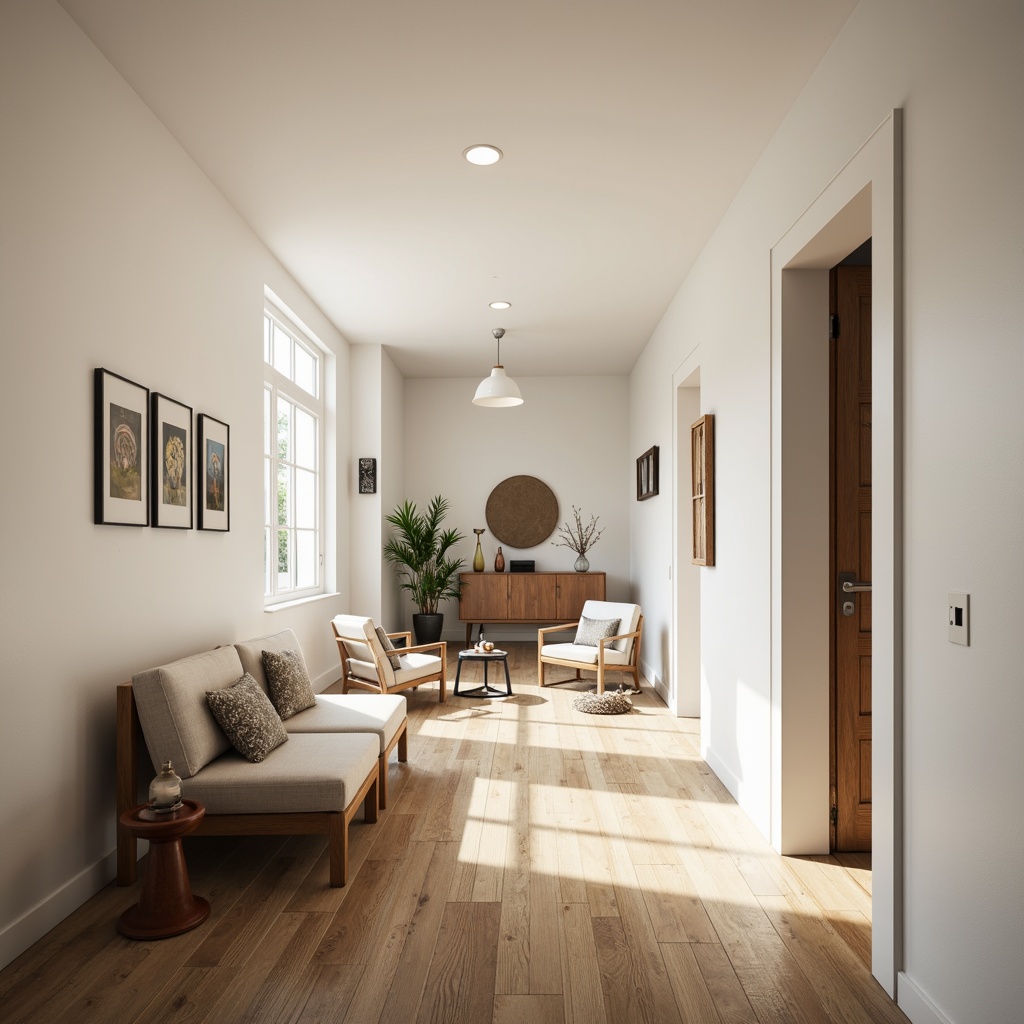 Prompt: Minimalist hallway, neutral color palette, soft warm lighting, sleek lines, minimal decor, functional furniture, polished wooden floors, white walls, floor-to-ceiling windows, natural textiles, subtle patterns, industrial-chic accents, modern art pieces, calm atmosphere, shallow depth of field, 1/1 composition, panoramic view, realistic textures, ambient occlusion.