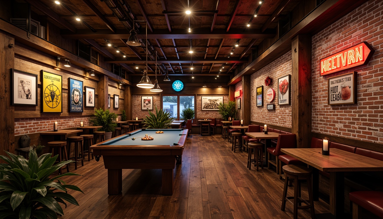 Prompt: Rustic game room, wooden accents, vintage posters, neon signs, pool table, dartboard, cozy seating areas, warm ambient lighting, hanging lanterns, metal chandeliers, exposed brick walls, reclaimed wood floors, rich leather textures, soft box lights, 1/1 composition, shallow depth of field, realistic shadows, warm color tone, nostalgic atmosphere.Please let me know if you need any adjustments!