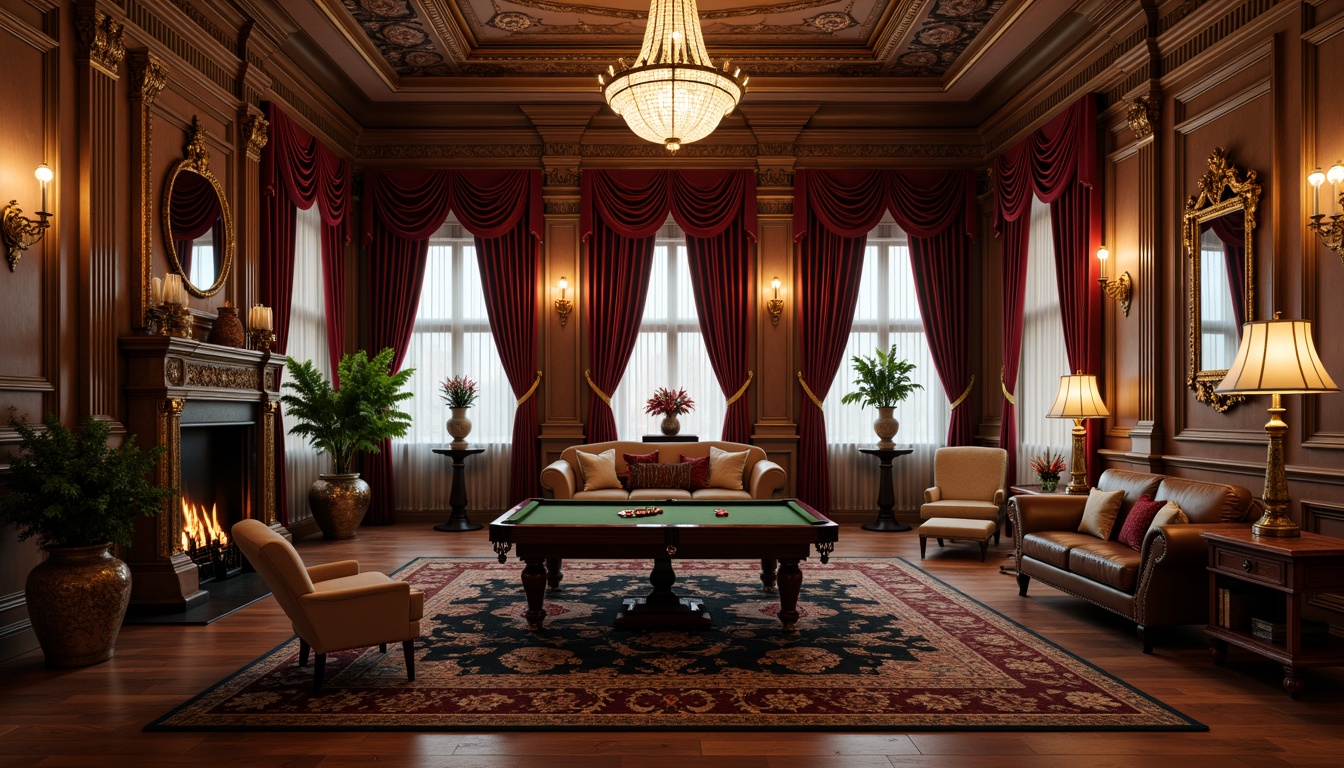 Prompt: Elegant game room, rich wood paneling, ornate furnishings, velvet drapes, golden accents, intricate carvings, stately columns, crystal chandeliers, luxurious leather sofas, mahogany coffee tables, antique vases, ornamental mirrors, lavish rugs, warm candlelight, soft focus, shallow depth of field, 2/3 composition, symmetrical arrangement, realistic textures, ambient occlusion.