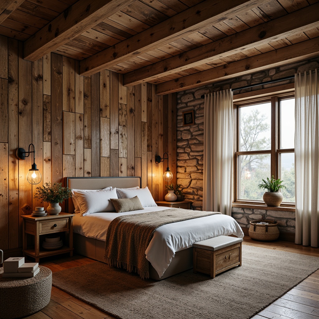 Prompt: Rustic bedroom, wooden accent walls, reclaimed wood planks, earthy tones, natural textures, stone veneer, rough-hewn beams, distressed finishes, vintage decor, cozy ambiance, warm candlelight, soft blankets, plush rugs, nature-inspired patterns, earthy color palette, organic shapes, imperfect imperfections, hand-hewn elements, traditional craftsmanship, rustic charm.