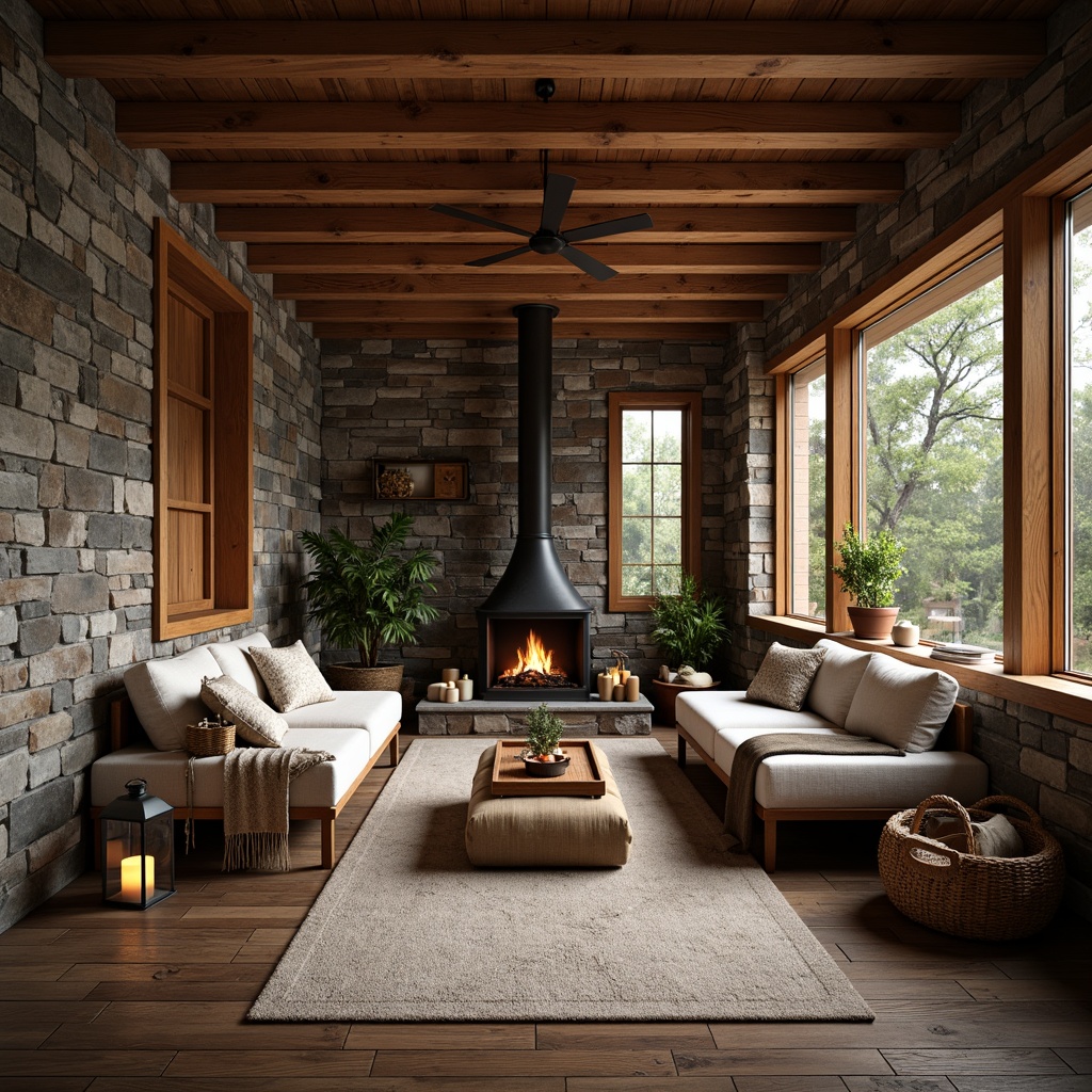 Prompt: Rustic cabin, natural stone walls, wooden beams, earthy tone color palette, reclaimed wood flooring, vintage metal accents, cozy fireplace, plush textiles, woven baskets, potted greenery, lantern-style lighting, soft warm glow, shallow depth of field, 3/4 composition, realistic wood textures, ambient occlusion.