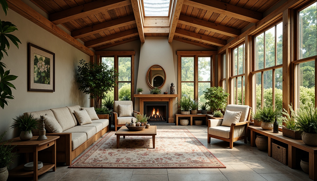 Prompt: Cozy sunroom, rustic wooden beams, natural stone flooring, earthy color palette, plush furnishings, soft cushions, warm textiles, botanical patterns, vintage decorative accents, distressed wood furniture, ornate metalwork, stained glass windows, clerestory windows, skylights, abundant natural light, gentle warm ambiance, 1/2 composition, shallow depth of field, realistic textures, ambient occlusion.