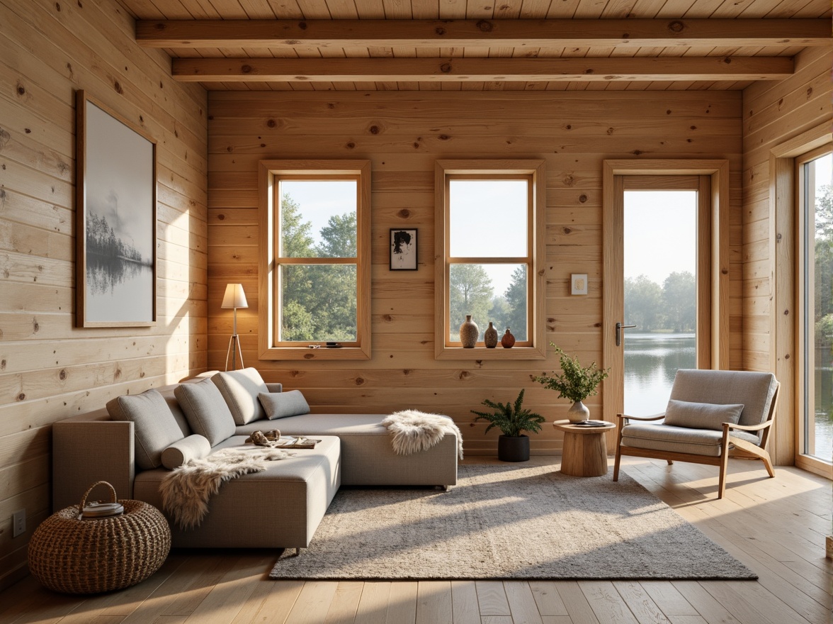 Prompt: Minimalist Nordic cabin, natural wood accents, light-colored pine walls, wooden flooring, woven textiles, sheepskin throws, neutral-toned upholstery, organic shapes, earthy color palette, matte finishes, subtle patterns, cozy ambiance, warm candlelight, soft morning sunlight, 1/1 composition, shallow depth of field, realistic wood textures.